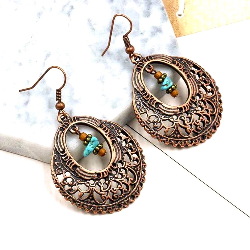 Any 2/$20! Copper Boho/Turquoise Openwork Earrings - Picture 3 of 10